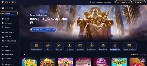 Cazeus Casino – Profitez d’un bonus de bienvenue et des meilleurs jeux en ligne Page d’accueil du Cazeus Casino avec bonus de bienvenue et jeux populaires.